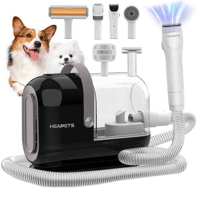 HEAPETS Dog Grooming Vacuum Kit - 3L Vacuum with 7 Tools, Low Noise Electric Clipper and Brush for Pet Shedding at Home, Black
