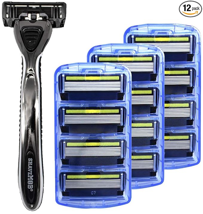 ShaveMOB 6-Blade Men's Razor Kit (Flex Head Handle 12 Refills) (No Trimmer) - The Caveman Shaving Kit