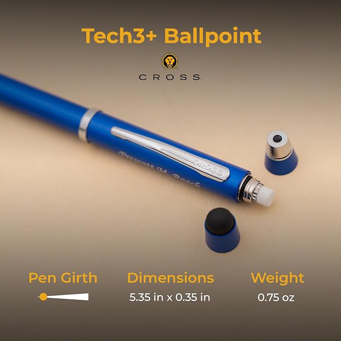Cross Tech3+ Engraved Multifunction Pen, Metallic Blue, Black and Red Ballpoint plus Pencil, Stylus and Eraser, Silver Engraving Under Clip, Gift for Educators, Journalists, Graduation