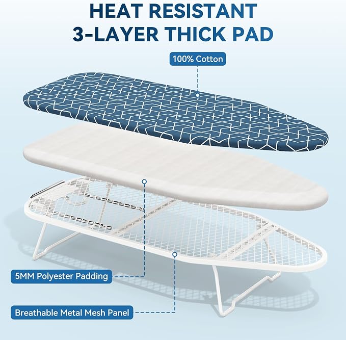 Small Ironing Board Tabletop with Heat Resistant Cover, Compact Mini Ironing Board (with Iron Rest) & Metal Frame, for Dorm, Apartment, Hook for Hanging, Iron Board 12x30, Iron Table Stand Dark Blue