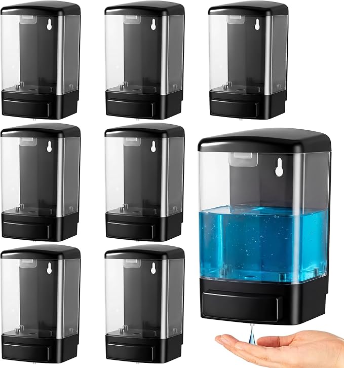 Hushee 8 Pcs Plastic Wall Mounted Soap Dispenser Commercial Manual Soap Containers Wall Dispenser for Kitchen Shower Hotel Liquid Shampoo Gel Chamber (33.8 oz 1000 ml,Black and Clear)