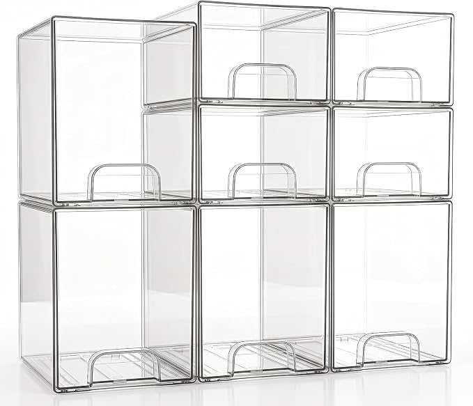 Clear Stackable Storage Drawers: Baby Bottle Storage Organizer, Acrylic Bottles Station Organizer Container for Countertop, Vanity, Bathroom, Cabinet Organization - 8 Pack