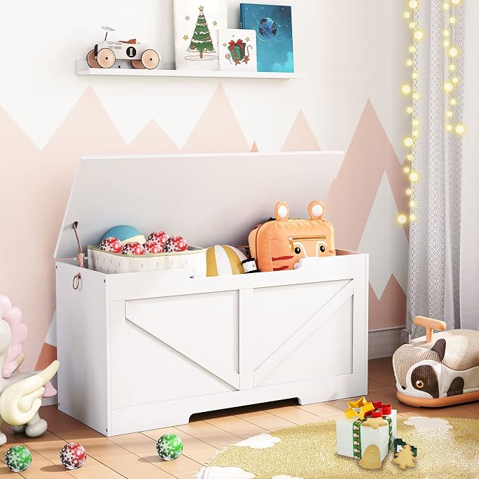 HOOBRO Storage Bench, 39.4” Retro Wooden Storage Chest with U-Shaped Cut-Out Pull, Safety Hinge, Supports 220 lb and Easy Assembly for Toy Box Organizer (White) WT771CW01G1