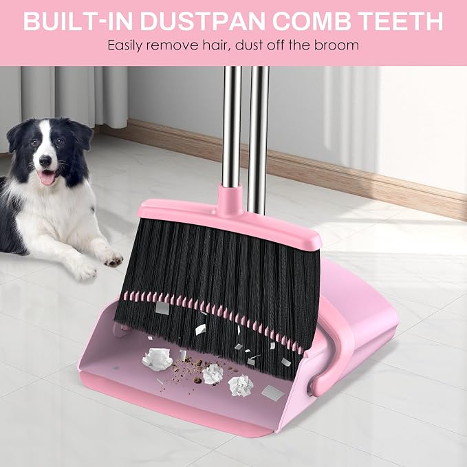 Broom and Dustpan Set for Home, 51-in Long Adjustable Handle Angle Broom and Dustpan Combo Set with Dust Pan Teeth to Clean Hair for Home Kitchen Office Lobby Floor Garden, Pink