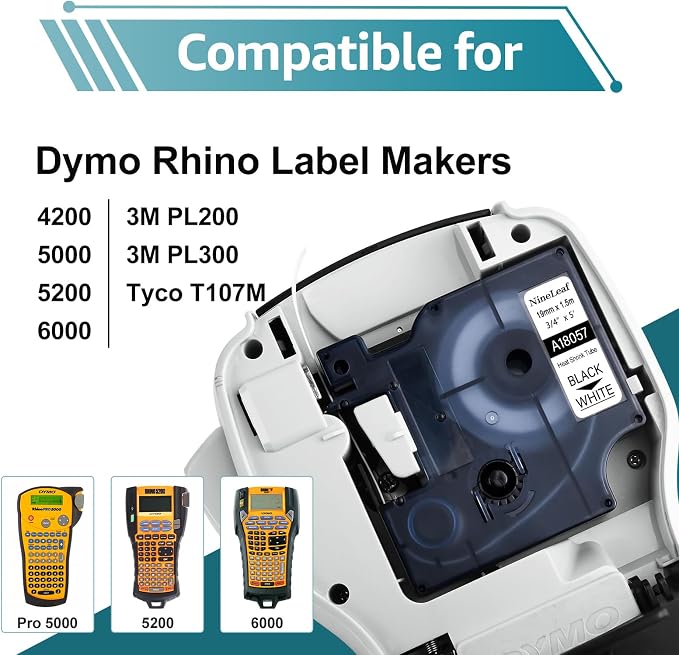 Nineleaf 5 Pack Compatible for DYMO 18057 Rhino Heat Shrink Tube Industry Label Tape 19mm 3/4" x 5ft Black on White Wire Tapes for Industrial Rhino Pro 4200 5000 5200 6000 3M PL200 300 Label Maker
