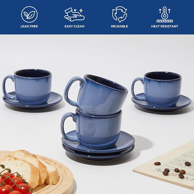 Pokini Stoneware Coffee Cups with Saucers, 6 Oz Cappuccino Cups Set of 4, Microwave & Dishwasher Safe, Perfect For Tea, Espresso, Latte, Ceramic Mugs for Kitchen or Cafe, Light Blue