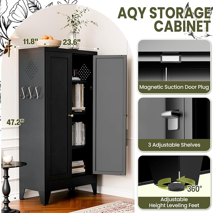 AQY Metal Pantry Cabinet, Black Kitchen Storage Cabinet with Doors | Adjustable Shelves Freestanding Storage Metal Cabinet Kitchen, Dining & Bathroom Organization