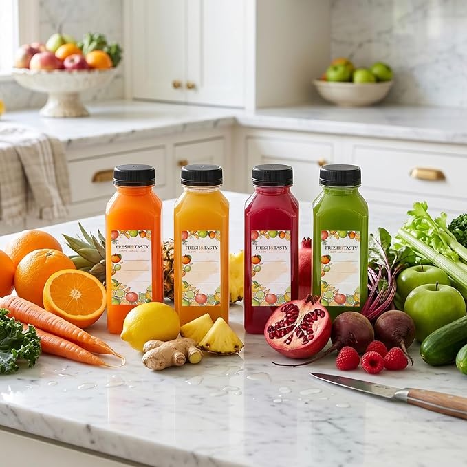TOMNK 200pcs Juice Bottles, 12oz Reusable Plastic Juice Bottles with Caps and Labels, Funnel, Brush Beverage Containers for Juicing, Smoothies, Tea, Milk