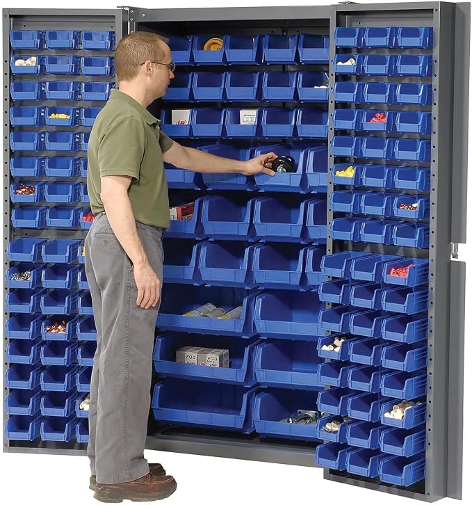 Global Industrial Deep Door Bin Cabinet, Includes 132 Blue Plastic Bins | Padlockable Steel Cabinet, 38"W x 24"D x 72"H, For Tool and Parts Storage, Assembly Required