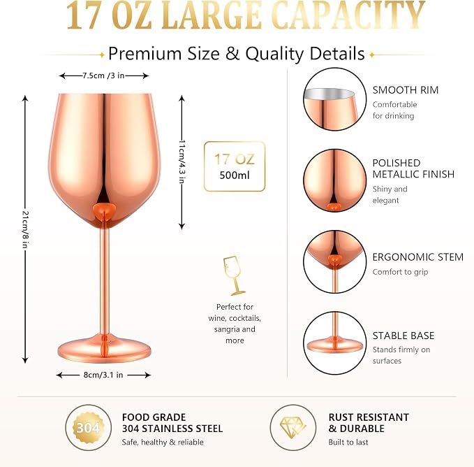 UNISWEET Unbreakable Stainless Steel Wine Glasses Set of 2, Rose Gold | 17oz Unique Fancy Metal Wine Goblets, Shatterproof, Ideal for Outdoor, Camping, Travel, Pool, Great Gift for Wine Lovers