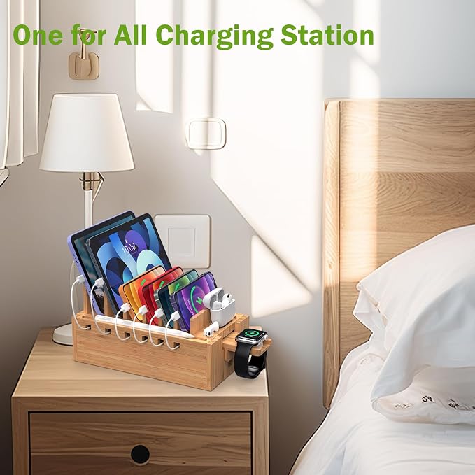 Pezin & Hulin Bamboo Charging Station for Multiple Devices with 5 Port USB Charger, 5 Cables and Watch Stand. Wood Desktop Docking Stations Organizer for Cell Phone, Tablet, Watch, Office Accessories | All-in-One, 5-Port USB HUB Included, 8-Device Orga...