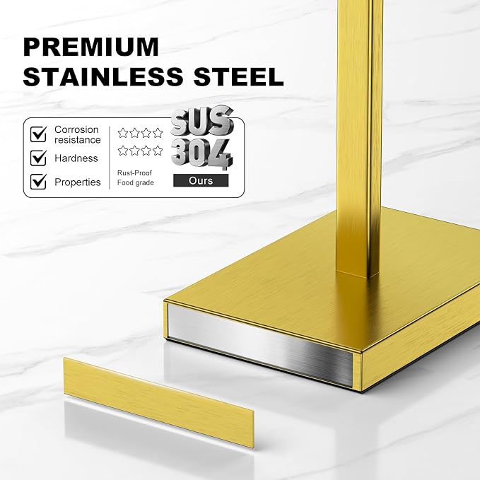 Brass Gold Toilet Paper Holder Stand，Stainless Steel Toilet Paper Holder Free Standing，Stable Weighted Base Floor Tissue Roll Holder for Bathroom，Modern Pivoting Toilet Paper Stand