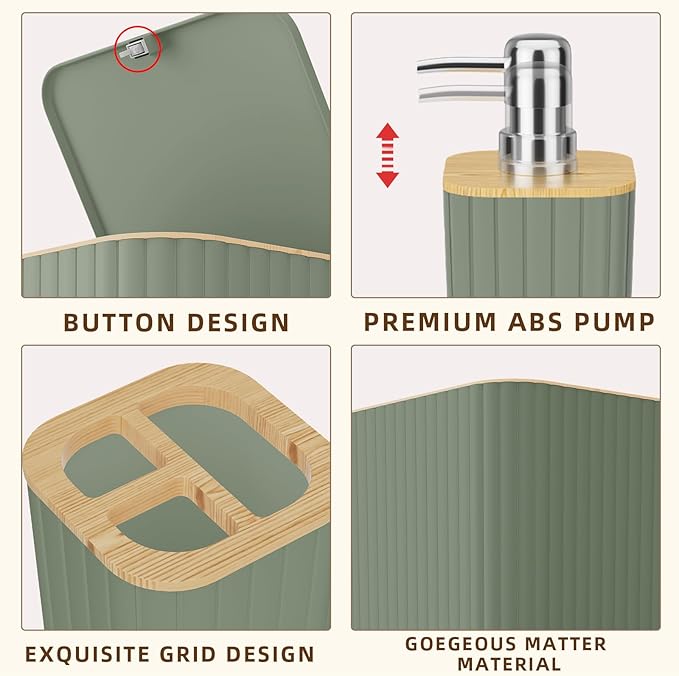 XLHOMO Bathroom Accessories Set - Elegant Sage Green Bathroom Set, 10PC Bathroom Accessory Set, Toilet Brush, Trash Can, Qtip Holder Dispenser & Soap Dispenser