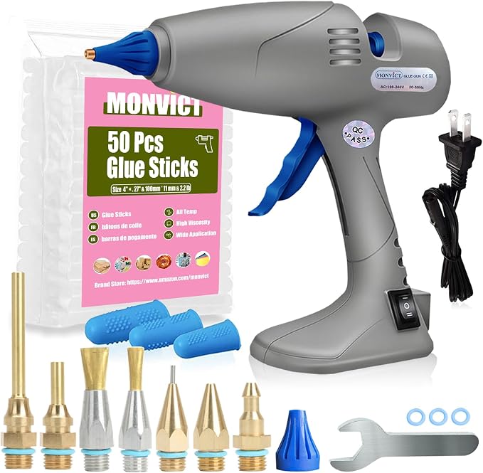 MONVICT Hot Melt Glue Gun with 7 Copper Nozzles, 50 Glue Sticks | 3 Silicone Finger Covers | Heavy Duty | Dual Temperature Switching | Corded Detachable Cord Use for Art DIY Craft repair