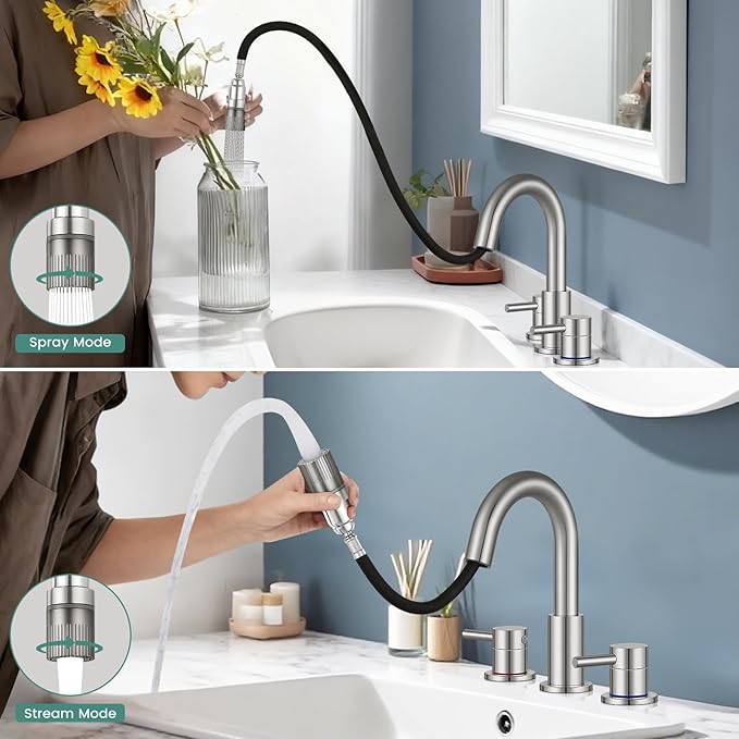 Brushed Nickel Pull Down Bathroom Faucet 3 Hole with Pop Up Drain, Bathroom Sink Faucet with Pull Down Sprayer 2 Modes, 8 inch Widespread Gold Faucet for Bathroom Sink, 2 Handle Vanity Faucet