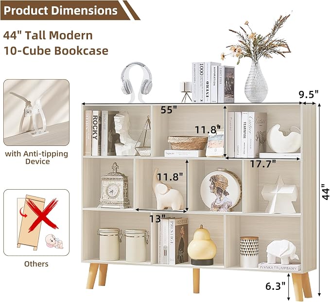 LEYAOYAO 10 Cube Bookshelf,Mid-Century Modern Bookcase with Legs,Light Grey | 3 Tier Book Shelf, 55" Wide Rustic Wood Bookshelves Large Storage Organizer, Open Shelves for Bedroom, Living Room, Office