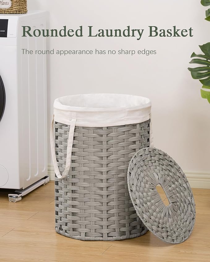 SETVSON Laundry Hamper with Lid Laundry Basket with Lid 19.0 Gal, Gray | Round Clothes Organizer with Lid, Removable Inner Liner Bag with Handles, 2 Mesh Wash Bags, Easy 5-Minute Assembly
