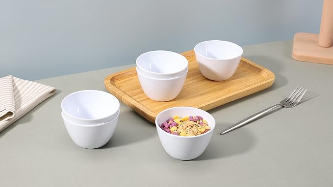 Amazon Basics Melamine Small Bowls for Sauces, Dessert, Round Serving Bowls, BPA Free, Dishwasher Safe, 8 oz, White, 6-Piece Set