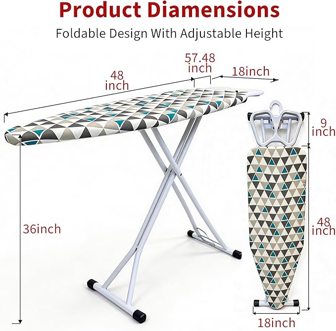 Ironing Board, 48"×18" with Iron Rest, 7 Adjustable Height 4 Layer & Sturdy | Extra Large Iron Board with Bulit-in Hook, Heat Resistant Cover and Pad for Home Apartment Dorm Laundry Room, Gray Green