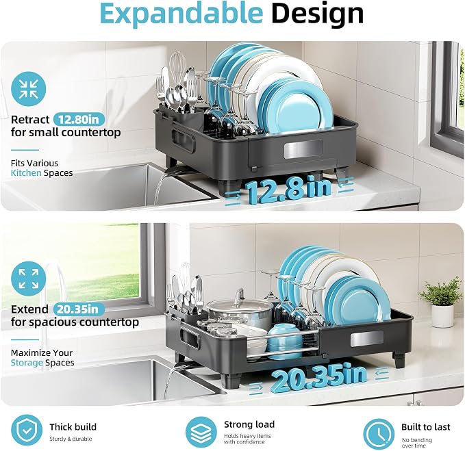 TOOLF Extendable Dish Drying Rack for Small Kitchen Counter, Black | 12.8-20.35 in, Unique Stainless Steel Design, Auto-Drainage, Perfect for Small Kitchens & Busy Kitchens