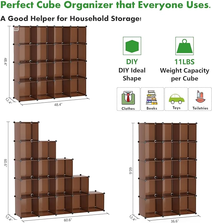 C&AHOME 16 Cube Storage Organizer Cube Shelves Units Storage Cubes, Brown | Plastic DIY Closet Organizer, Stackble Modular Closet Storage Shelves Ideal for Home, Bedroom, 48.4" L × 12.4" W × 48.4" H