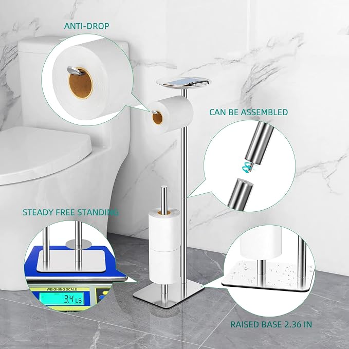 FEILERN Toilet Paper Holder Stand for Bathroom Floor Standing Toilet Roll Dispenser Storages 4 Reserve Rolls, with Top Storage Shelf for Cell Phones, Wipe, Wallet and More(Chrome)