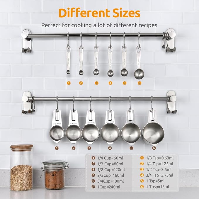 Measuring Cups and Spoons 12 Pieces: U-Taste 18/8 Stainless Steel Kitchen Metal Measure Gadgets, Heavy Duty Stackable Portion Teaspoon Tablespoon Scoop for Baking Cooking Dry & Liquid Food Ingredient