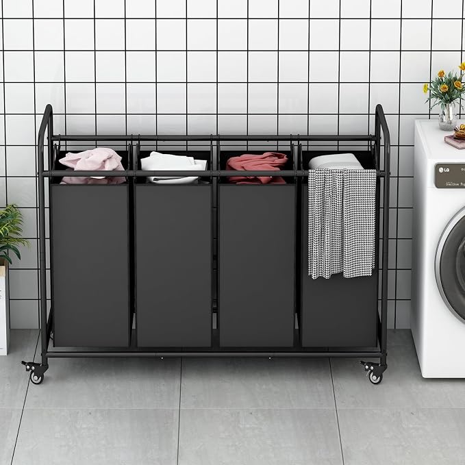 4 Section Laundry Hamper, Black Rolling Laundry Basket, 180L Laundry Sorter | Laundry Room Organization with Heavy Duty Rolling Lockable Wheels and Removable Bag, Bedroom Laundry Cart for Clothes Storage