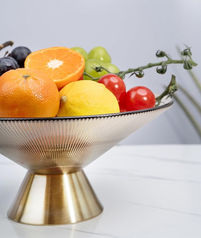 Tapered Glass Decorative Bowl(Coffee Brown) ,9.8 Inches Handblown Striped Design Glass Bowl with Rust Resistant Metal Base,Decor Fruit Bowl for Home Decor,Table Centerpiece,Kitchen Island,Dining Decor