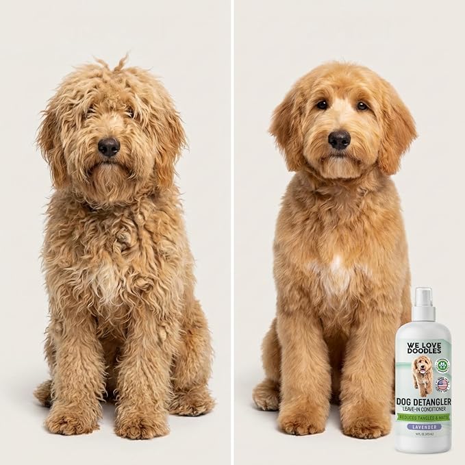 We Love Doodles Small Slicker Brush & Lavender Detangler Spray Pack - Dog Leave-In Conditioner for Reducing Mats, Knots & Tangles, Dematting & Conditioning Grooming Kit, 16 oz