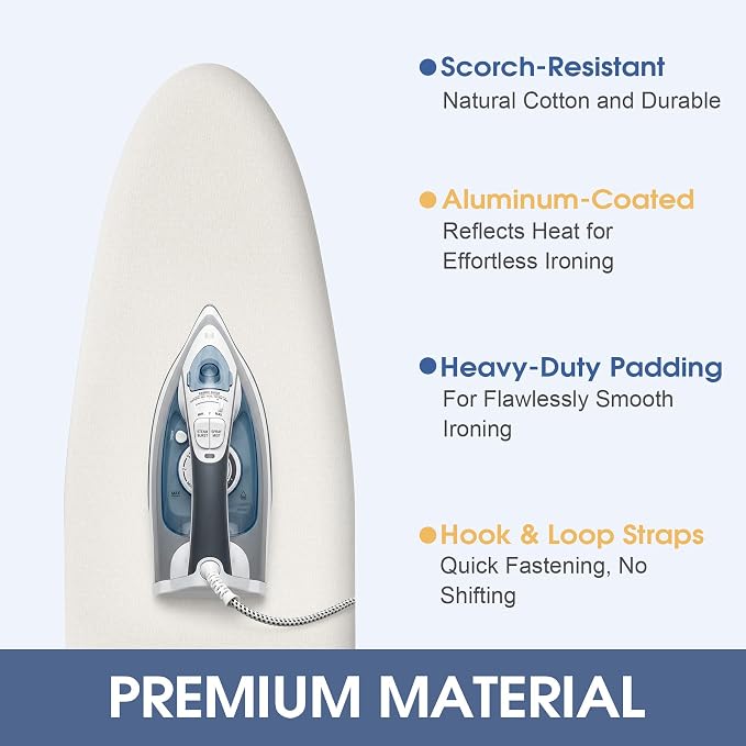 Ironing Board Cover and Pad for Standard Size 15" x 54", Cream | Aluminum Coating, Thick Scorch & Stain Resistant Padding, Heavy Duty Iron Board Cover with Elastic Edge, Adjustable Fastener