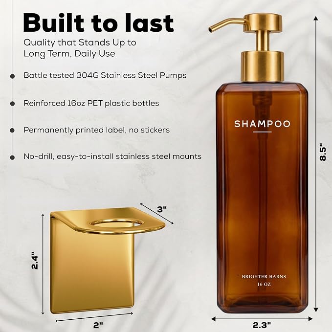 Luxury Shampoo and Conditioner Dispenser Set Wall Mounted by Brighter Barns - Shower Soap Dispensers with Drill Free Wall Mounts - Refillable Shampoo Bottles for Airbnb, Guest Bathroom (Amber Gold)