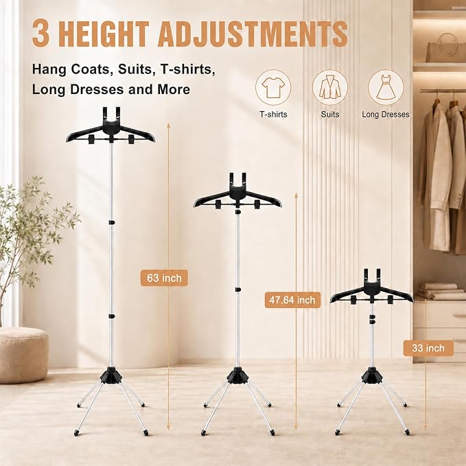 Garment Steamer Stand Set for Handheld Steamers, 33-63 Inch | Metal stand with 360 rotating hanger for shirts, suits and graduation gowns; includes 2 pads, 2 lint removers and 2 bags