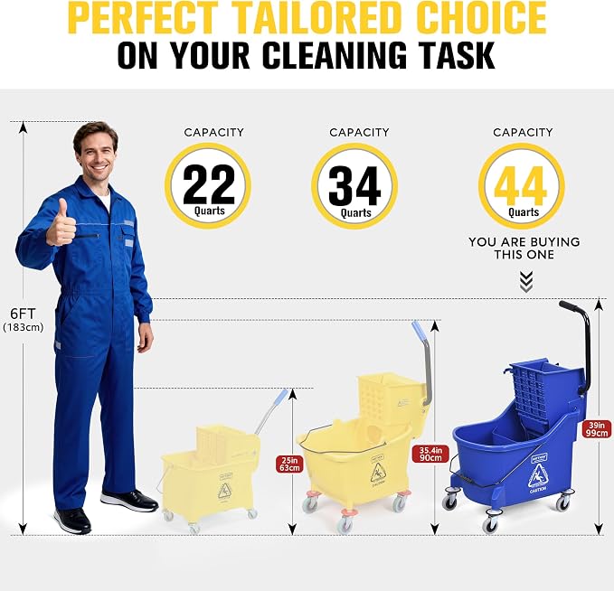 Matthew Cleaning Blue 44Quart Commercial Mop Bucket INCL.Wet String Mop& 19'' Industrial Wet Floor Sign with Side Press Wringer On Wheels,Tandem Portable Floor Cleaning Wavebrake,Ideal for Household