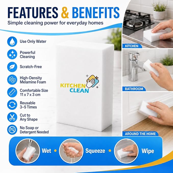 ™ Melamine Magic Eraser | Walls Stain Remover Sponge | Kitchen Latest Cleaning | Home Kitchen Bathroom Tiles, Lime Scale on Taps Wall Stains Cleaning (Pack of 8 Pcs)
