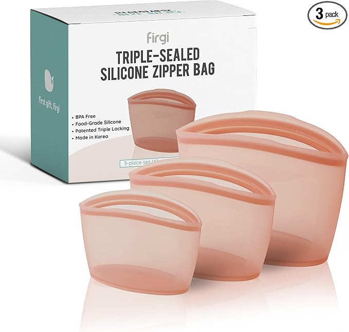 Reusable Silicone Food Storage Bags, 3-Pack Variety Set (2, 3.5, 6 Cups), Made in Korea BPA-Free Silicone, Triple-Airtight Freezer Bags, Microwave Safe, Sous Vide, Zip Lock Pouch, Dry Rose