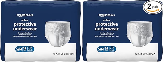 Amazon Basics Unisex Protective Underwear, Overnight Absorbency, Small/Medium, 16 Count (Pack of 2)