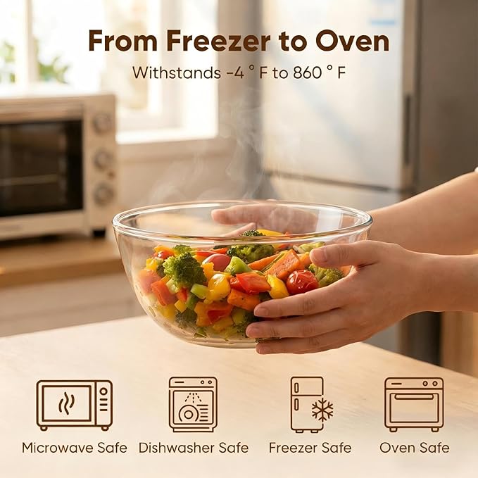 Borosilicate Glass Mixing Bowls Set of 3 (2.8, 2.2, 1.1QT) - Heavy Duty, Scratch Resistant, Non-Toxic & Lead-Free – Oven/Microwave/Dishwasher/Freezer Safe – Ideal for Meal Prep, Baking & Serving