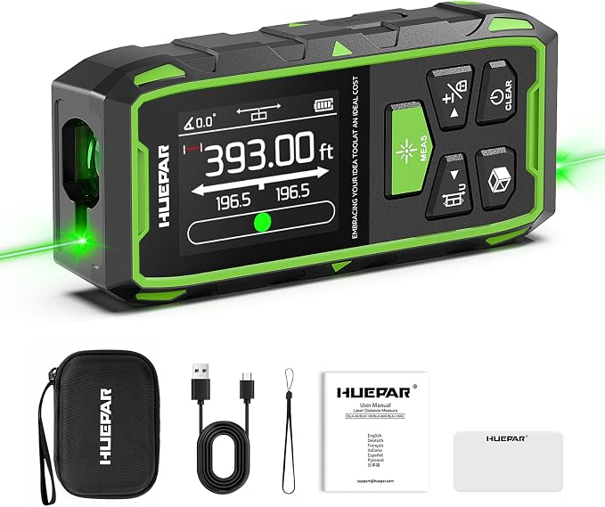 Huepar Dual Laser Measuring Tool, Fathers Day Dad Gifts, 393Ft Green-Beam Bilateral Digital Laser Distance Measure 6-Unit Ft/In/M, Rechargeable Laser Measurement Tool-Backlit LCD Display, Angle Sensor