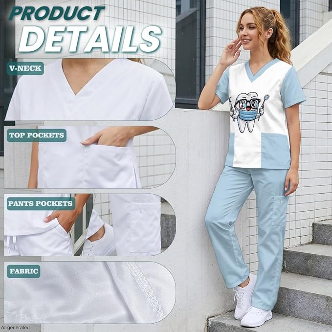 Gomyblomy Women's Scrubs Suit 3-Piece Set | Teeth Print V-Neck Top & Pants & Cap, Breathable and Stretch Fabric, S-5XL
