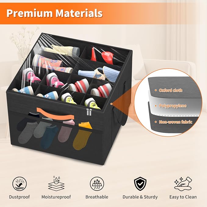 Aokeyee 2 Pack Shoe Organizer for Closet, Stackable Shoe Storage Box, Black | Fits up to 32 Pairs, Space Saving, Foldable, Shoes Organizer Bin with Clear Cover, 4 Reinforced Handles