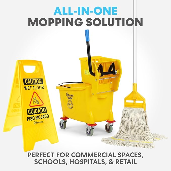 Simpli-Magic Side Press Wringer Combo Commercial Mop Bucket on Wheels, 35 Quart,Yellow, Including Wet Floor Caution Sign and Set, Polyethylene