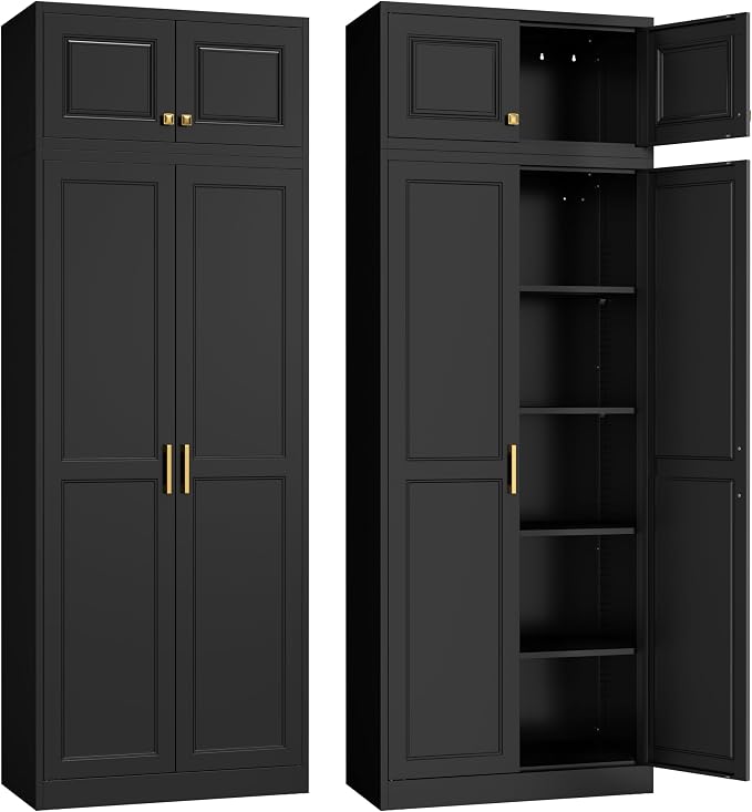 Steeloong 86"Metal Pantry Storage Cabinet with Doors & 4 Adjustable Shelves | Kitchen Pantry Cabinet,Black Kitchen Cabinet with 4 Gold Handles,Tall Cabinet for Livingroom,Pantry, Bathroom,Kitchen,Garage