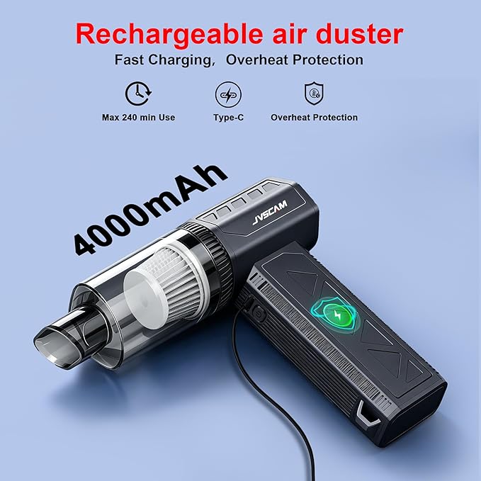 JVSCAM Compressed Air Duster,150000RPM Electric Air Duster, Vacuum Cleaner & Bag Vacuum 3-in-1, Rechargeable with 3-Gear Adjustable Wind Speed for Keyboard,Computer,Car,Home and Storage Bag Sealing