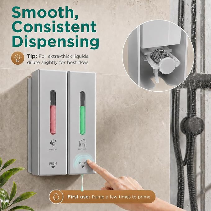 Shampoo and Conditioner Dispenser Wall Mounted, 3-Chamber Shower Soap Dispenser for Bathroom, 1200ML Large Capacity, No-Drill Installation, Clog-Free Pump for Thick Liquids (silver-2-pack)