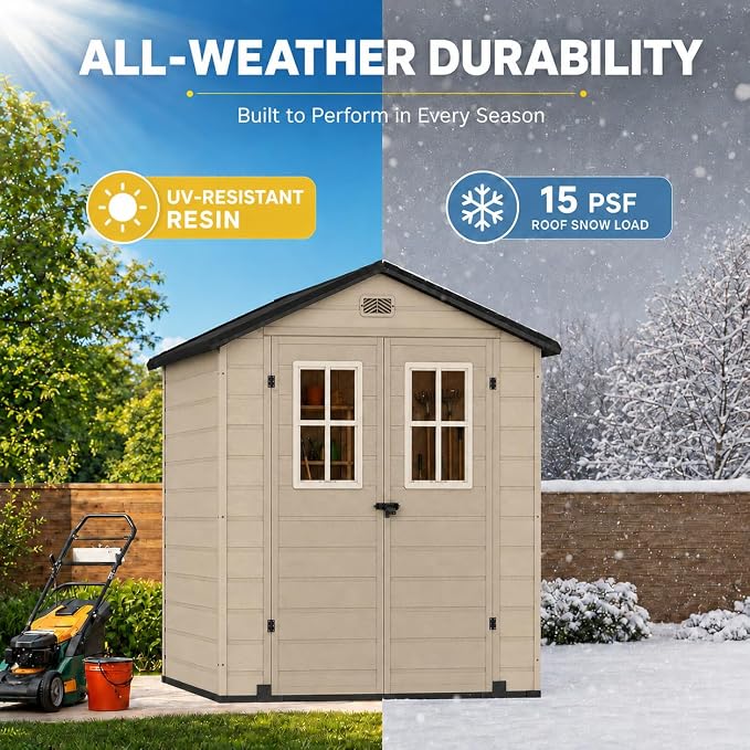 DWVO 6x4.4 FT Outdoor Storage Shed, Plastic Garden Tool Shed with 2 Windows, Double-Wall Resin Storage Shed for Lawn Mower, Garden Shed for Backyard Patio, Lockable, Greige&Gray