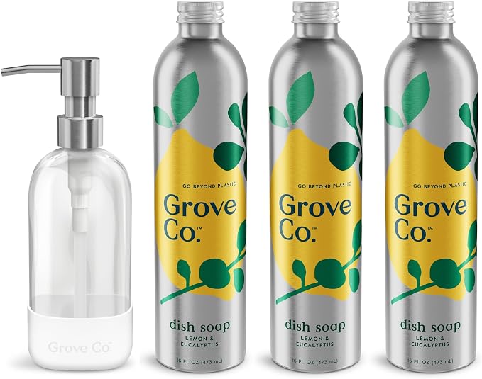 Grove Co. Dish Soap, 3 x 16 fl oz Refills + Refillable Glass Dispenser | Lemon & Eucalyptus; Plastic-Free; Reusable dispenser; Refill format; Removes Stuck on Food; 98% plant-based ingredients