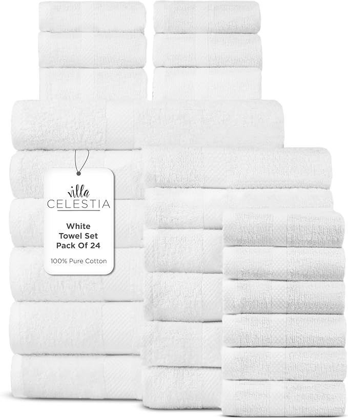 Villa Celestia 24-Piece 100% Cotton Towel Set, 6 Bath Towels, 6 Hand Towels, 12 Wash Cloth, Quick-Dry, White