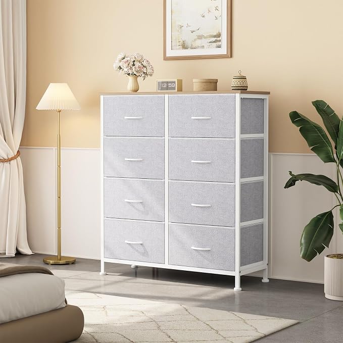OLIXIS 8 Drawer Storage Dresser with Wood Top - Wide Fabric Chest Organizer for Bedroom, Closet, Living Room,Tower Cabinet, TV Stand, Hallway Entryway Furniture,Light Grey