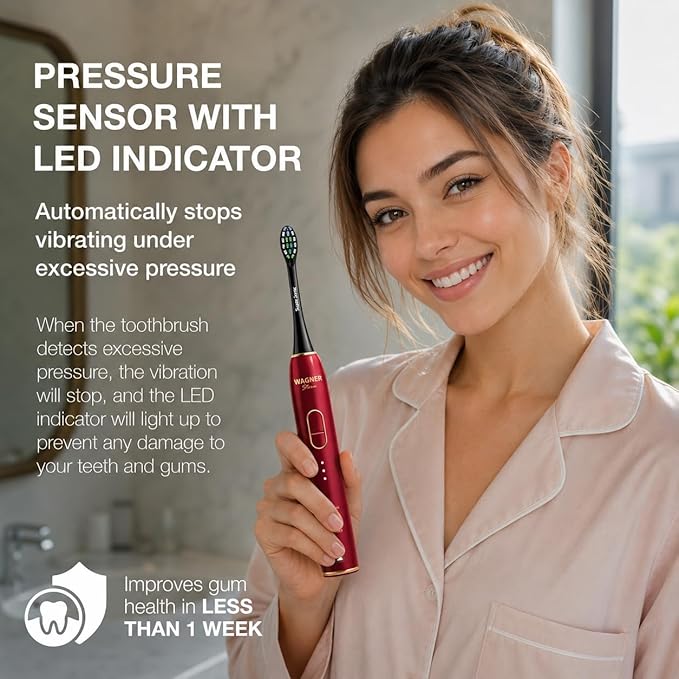 Wagner Stern IntelliBrush Series Whitening Electric Toothbrush with Pressure Sensor. Offers 4 Brushing Modes, 3 intensities, 8 Soft Brush Heads, and a Luxury Travel case.